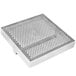 A stainless steel square floor sink strainer with a mesh grate.