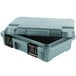 A slate blue plastic Cambro food pan carrier with two latches.