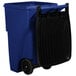 A blue Rubbermaid wheeled rectangular trash can with a black lid.