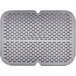 A grey metal rectangular strainer plate with holes.