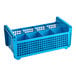 A blue plastic basket with 8 compartments and holes.