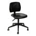 A black office stool with wheels.