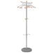 A silver metal Alba coat tree with wooden wavy accents on the top.