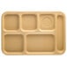 A tan rectangular tray with six square compartments.