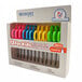 A box of Westcott kids scissors with different colors on a table.