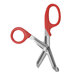 A close-up of Westcott stainless steel office snips with red bent handles.