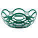 A green plastic open weave basket with a handle.