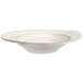 An off white melamine bowl with a brown circle on the bottom.