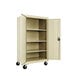 A tan metal Alera mobile storage cabinet with shelves and doors.