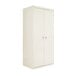A putty steel storage cabinet with two doors and silver handles.