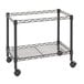 A black wire shelving unit with wheels.