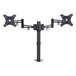 A black Alera heavy-duty dual monitor arm stand with USB and audio ports.