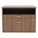 A walnut Alera low file cabinet with two drawers and silver handles.