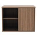 A walnut Alera low storage cabinet with two shelves and sliding doors.