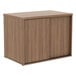 An Alera walnut low storage cabinet with doors.