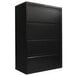 A black Alera metal lateral file cabinet with four drawers.