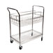 A silver metal Alera mail cart with two shelves.