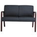 A black leather Alera reception loveseat with wooden legs.