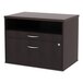 An espresso Alera file cabinet with two drawers and silver handles.