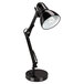 An Alera black desk lamp with an adjustable arm over a desk.