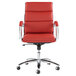 A red office chair with chrome legs.