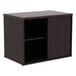 A brown Alera low storage cabinet with two shelves.