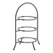 A black three-tier wire display stand for holding bowls or plates.