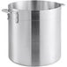 A large silver aluminum stock pot with handles.