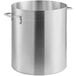 A large silver aluminum stock pot with handles.