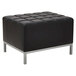 A black square Alera ottoman with silver metal legs.