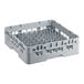 A grey plastic Cambro dish rack with many small holes.