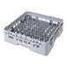 A gray plastic dish rack with vertical pegs for holding plates or trays.