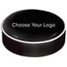 A black and white seat cover with a black circle and white text reading "Choose your logo"
