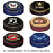 A blue round seat cover with a logo of a black and red circular object with a logo.