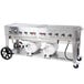 A large stainless steel Crown Verity outdoor grill with two horizontal propane tanks.