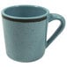 A blue coffee mug with a handle and a black rim.