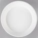 A white low profile plastic catering bowl with a black circular design on the rim.