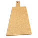 A natural wood trapezoid bread board with a handle.