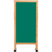 An Aarco oak A-frame sign board with a green write-on porcelain chalk board.