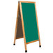 An oak A-Frame sign board with a green write-on porcelain chalkboard.