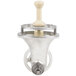 A metal Hobart #22 meat chopper attachment with a white handle.