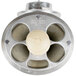 A white round metal funnel with a metal valve on the bottom with four holes.