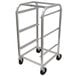 A silver metal Advance Tabco bus box cart with black wheels.
