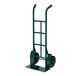 A green dual-handle steel hand truck with a flat loading base and two solid rubber wheels.