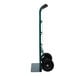 A green dual handle hand truck with solid rubber wheels and a steel frame.