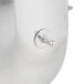 A close-up of a Hobart stainless steel mixing bowl with a handle and a round knob.