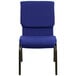 A navy blue church chair with black metal legs.