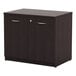 An espresso storage cabinet with two doors and two drawers with silver handles.
