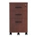 A medium cherry Alera mobile pedestal filing cabinet with three drawers and wheels.