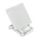 A clear plastic Velcro clip designed for attaching table skirts.